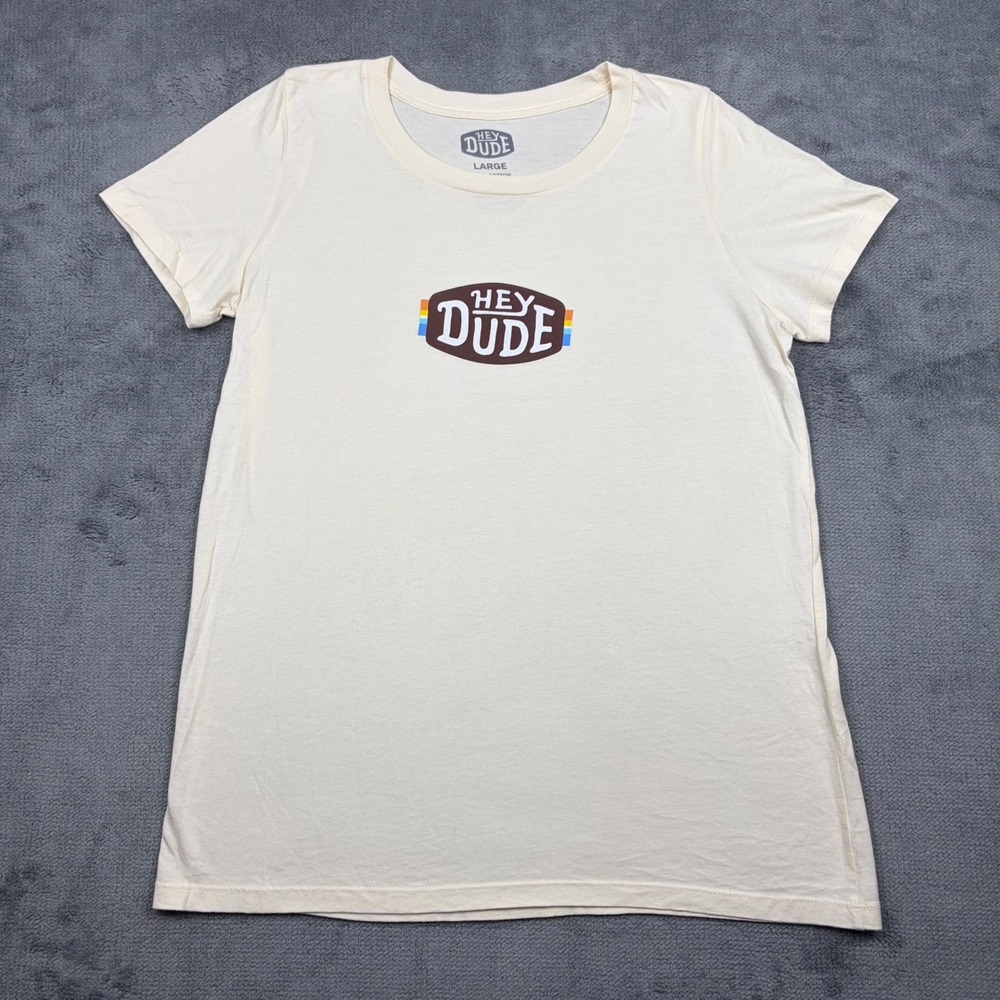 Hey Dude Graphic T-Shirt Cream Cotton Short Sleeve Logo Tee Large